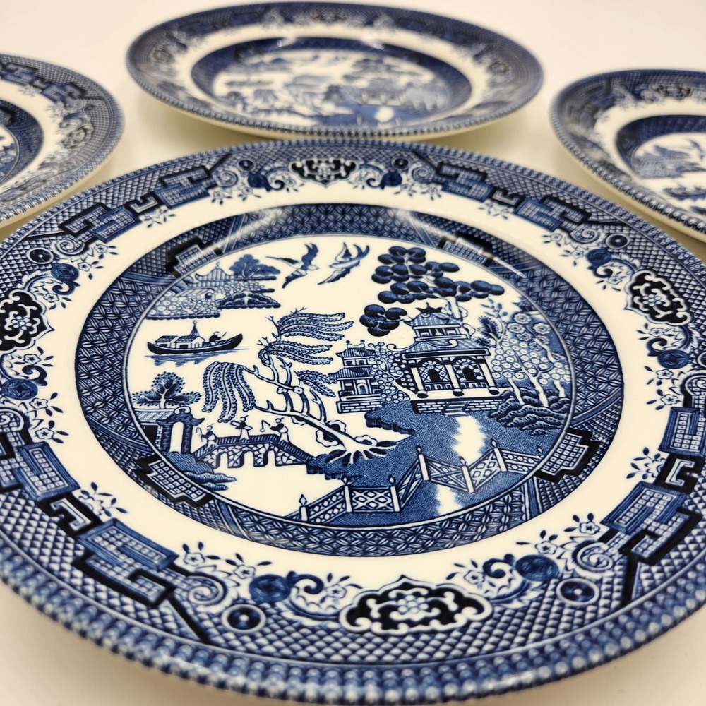 Churchill Blue Willow Salad Plates Set of 4 Made in England 8" Ironstone Coastal